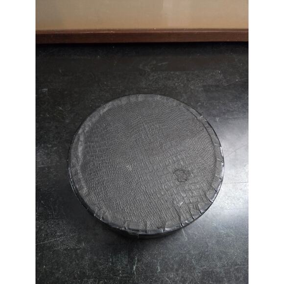 Vintage 6.25" Glass & Black Leather Wrapped Ashtray Gold Stripe Mid Century - Picture 6 of 6